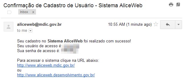 E-mail recebido do sistema AliceWeb